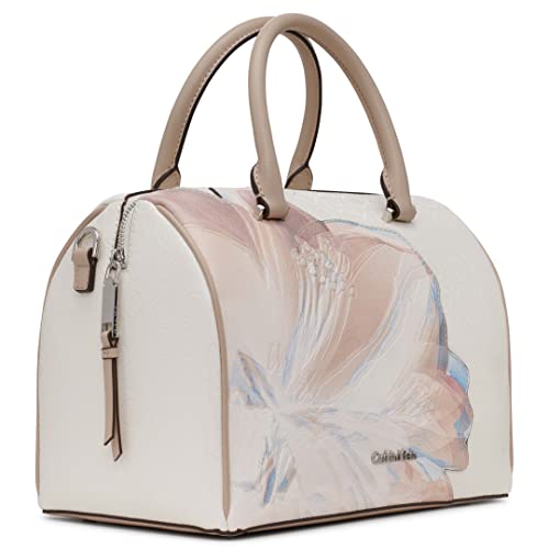 Calvin Klein Ashley Top Zip Dome Satchel, Cherub White Multi Printed Textured Emboss Logo