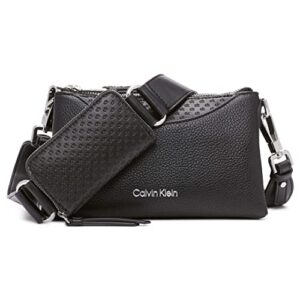 calvin klein chrome organizational 2 in 1 top zip crossbody, black/silver