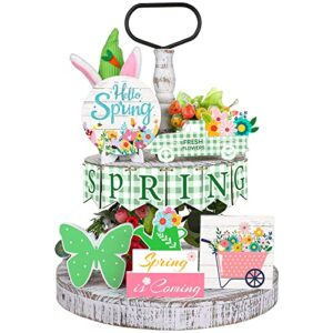 12 pcs spring tiered tray decor set flowers mini wood signs hello spring wooden table signs flowers butterfly truck wood decors with holder for spring party supplies home table centerpieces