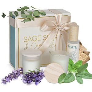 sage spray and soy wax candles set. sage spray for cleansing negative energy & smudging kit with soy wax candles – ideal for meditation, therapy, reiki. spiritual gifts for women.
