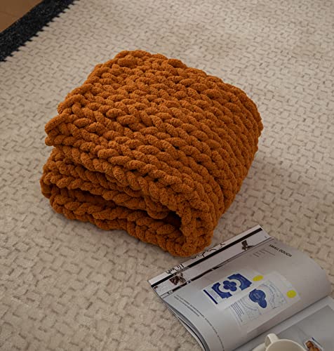 Chunky Knit Blanket Soft Chenille Yarn Knitted Throw Blanket 50"X60" Handmade Cable Warm Thick Giant Blanket for Couch Bed Trips (Burnt Orange, Throw 50“x60”)