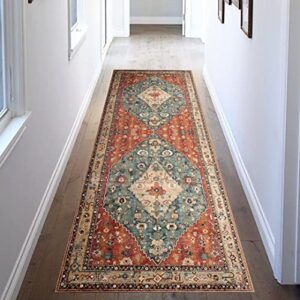 Boho Hallway Runner Rug 2x6 Vintage Floral Bohemian Medallion Persian Oriental Distressed Throw Rugs Low Pile Washable Non-Slip for Laundry Living Room Kitchen Bedroom Decor