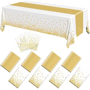 4 pack disposable plastic gold tablecloths 54″x108″ and 4 pack satin table runner 12″x 108″ with 40 pcs dinner paper for wedding birthday valentine’s day graduation baby shower holiday