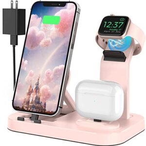 olebr charging station for apple multiple devices, 3 in 1 fast charger station dock for iphone series 14/13/12/11/x/8 plus, charger stand for iwatch ultra 8 7 6 se 5 4 3 2 1 with adapter(pink)