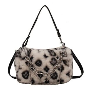 2022 new leopard print plush shoulder cross-body bag fashion chain one-shoulder armpit tote y2k purse hobo bag (beige)