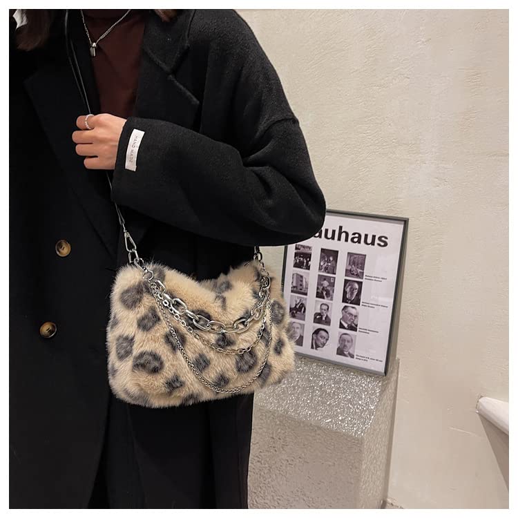 2022 New Leopard Print Plush Shoulder Cross-body Bag Fashion Chain One-shoulder Armpit Tote Y2K Purse Hobo Bag (Beige)