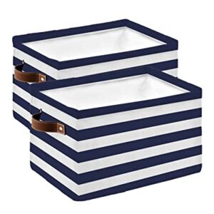 Large Storage Baskets Bins 2 Pack Navy Blue White Striped Farmhouse Collapsible Storage Box Laundry Organizer for Closet Shelf Nursery Kids Bedroom Rustic Geometric