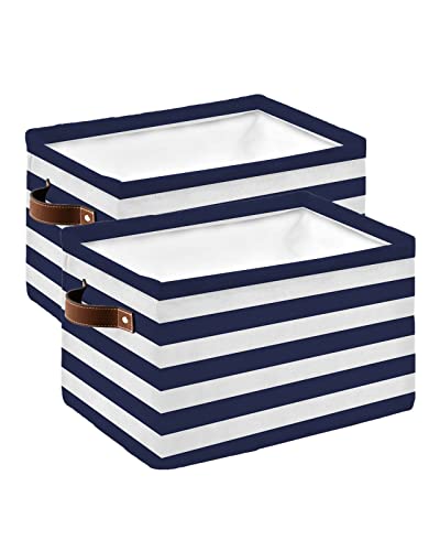 Large Storage Baskets Bins 2 Pack Navy Blue White Striped Farmhouse Collapsible Storage Box Laundry Organizer for Closet Shelf Nursery Kids Bedroom Rustic Geometric