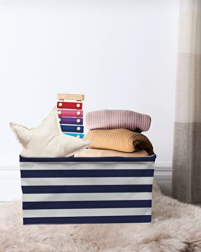 Large Storage Baskets Bins 2 Pack Navy Blue White Striped Farmhouse Collapsible Storage Box Laundry Organizer for Closet Shelf Nursery Kids Bedroom Rustic Geometric