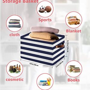 Large Storage Baskets Bins 2 Pack Navy Blue White Striped Farmhouse Collapsible Storage Box Laundry Organizer for Closet Shelf Nursery Kids Bedroom Rustic Geometric