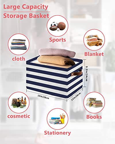 Large Storage Baskets Bins 2 Pack Navy Blue White Striped Farmhouse Collapsible Storage Box Laundry Organizer for Closet Shelf Nursery Kids Bedroom Rustic Geometric