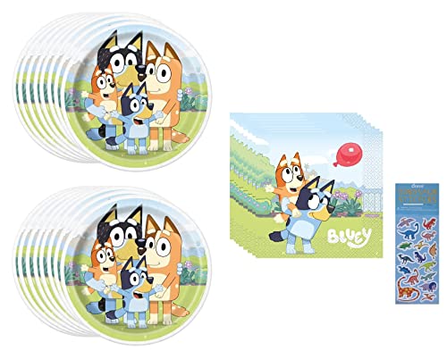 Unique Bluey Birthday Party Supplies Bundle Pack includes Lunch Paper Plates and Lunch Paper Napkins (Bundle for 16)