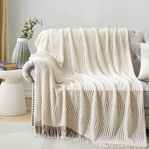 hommxjf off white knitted throw blankets for couch, bedroom and officeroom,textured fade resistant soft and warm decorative knitted blankets with tassel,50″x60″