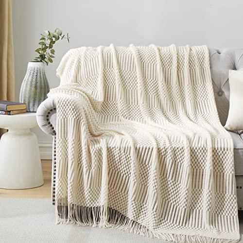 HommxJF Off White Knitted Throw Blankets for Couch, Bedroom and Officeroom,Textured Fade Resistant Soft and Warm Decorative Knitted Blankets with Tassel,50"x60"