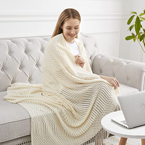 HommxJF Off White Knitted Throw Blankets for Couch, Bedroom and Officeroom,Textured Fade Resistant Soft and Warm Decorative Knitted Blankets with Tassel,50"x60"