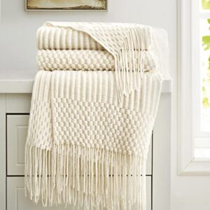 HommxJF Off White Knitted Throw Blankets for Couch, Bedroom and Officeroom,Textured Fade Resistant Soft and Warm Decorative Knitted Blankets with Tassel,50"x60"