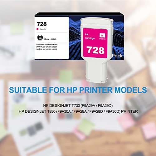 728 Magenta 300-ml Ink Cartridge (F9K16A), Compatible with HP DesignJet T730 T830 Printers