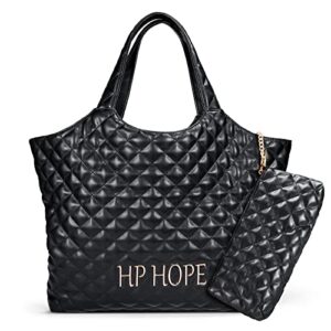 hp hope large faux leather tote bag with removable zipper pouch, maxi shopping bag in quilted lambskin, waterproof shoulder handbag for women, black