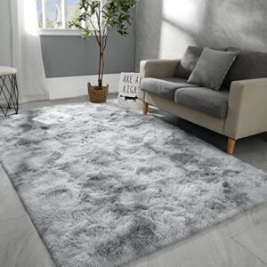 hutha 5×8 large area rugs for living room, super soft fluffy modern bedroom rug, tie-dyed light grey indoor shag fuzzy carpets for girls kids nursery room home decor