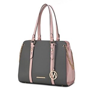 mkf collection tote bag for women, vegan leather color block top-handle satchel handbag purse