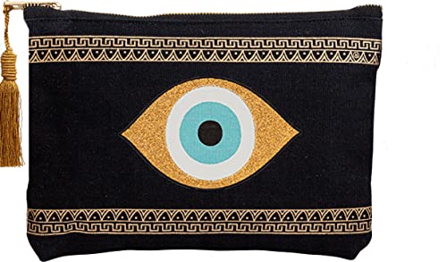 Evil Eye Canvas Small Clutch Handmade Pouch Bag Beach Meander Zipper Gift Bag with Tassel