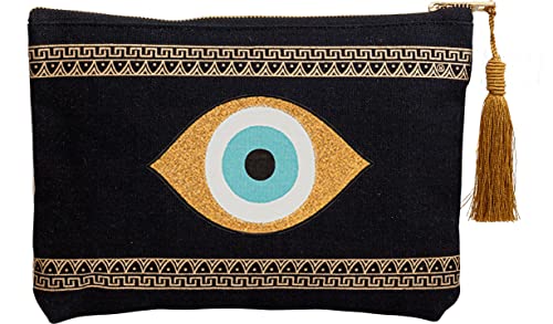 Evil Eye Canvas Small Clutch Handmade Pouch Bag Beach Meander Zipper Gift Bag with Tassel