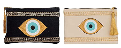 Evil Eye Canvas Small Clutch Handmade Pouch Bag Beach Meander Zipper Gift Bag with Tassel