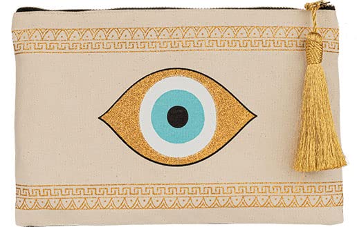 Evil Eye Canvas Small Clutch Handmade Pouch Bag Beach Meander Zipper Gift Bag with Tassel