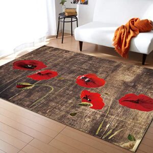 indoor area rugs, poppy flower wooden background non-slip rubber backing rug, non-shedding floor carpet washable throw rug for living room bedroom dining home, 4′ x 6′