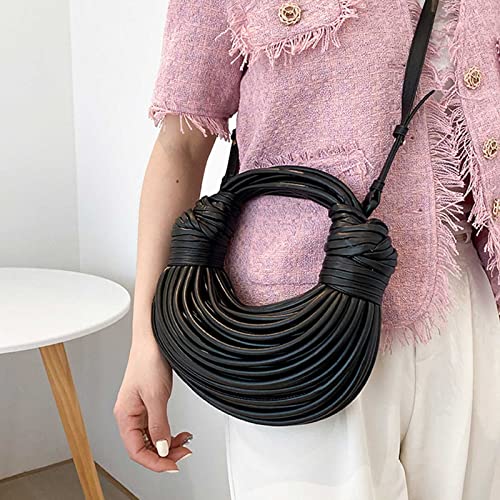 Women Hand-Woven Bread Purse and Handbag Leather Top Handle Satchel Shoulder Crossbody Creative Noodles Underarm Hobo Bag (black)