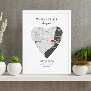 where it all began, where we met, our first date map, personalized map for him her, couple wall art, one year anniversary for boyfriend girlfriend wife husband