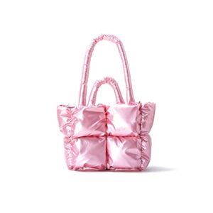 Large Puffer Shoulder Bag, Trendy Luxury Chic Quilted Cotton Padded Tote Bag for women, Winter Soft Puffer Tote Bag Nylon Down Pillow Bag Women's Handbags & Shopper Bag(Z-Shiny_Pink)