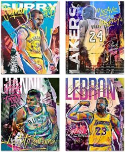 basketball stars wall art, graffiti basketball art prints, stephen curry lebron james giannis antetokounmpo canvas motivational posters for boy’s room man cave home decor, 4-set (8″x10″ unframed)