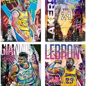 Basketball Stars Wall Art, Graffiti Basketball Art Prints, Stephen Curry Lebron James Giannis Antetokounmpo Canvas Motivational Posters for Boy's Room Man Cave Home Decor, 4-Set (8"x10" Unframed)