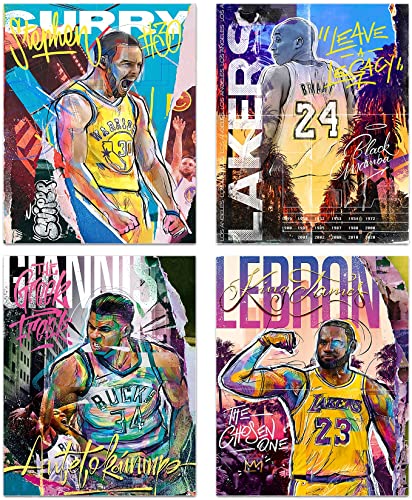 Basketball Stars Wall Art, Graffiti Basketball Art Prints, Stephen Curry Lebron James Giannis Antetokounmpo Canvas Motivational Posters for Boy's Room Man Cave Home Decor, 4-Set (8"x10" Unframed)