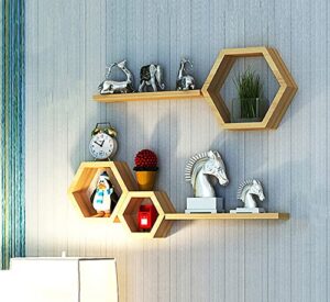 aumneppa hexagon floating shelves set of 5, wall mounted wood farmhouse storage honeycomb wall shelf for wall decor, bathroom, kitchen, bedroom, living room, office and more (natural)