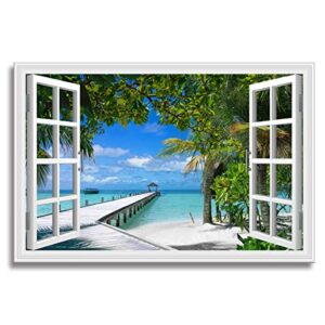window beach picture canvas wall art ocean palm tree maldives nature landscape with framed living room blue decor 36×24