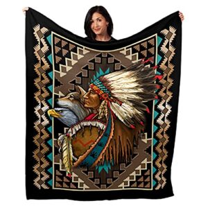 Leather Supreme Native American Chief Eagle Wolf 50x60 Soft and Plush Minky Polyester Throw Blanket