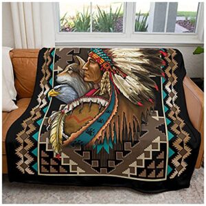 Leather Supreme Native American Chief Eagle Wolf 50x60 Soft and Plush Minky Polyester Throw Blanket
