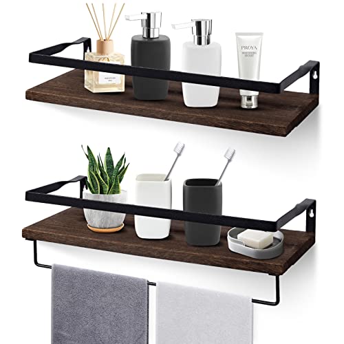 himaly Floating Shelves, Wall Mounted Bathroom Shelf with Towel Bar, Floating Wall Shelves for Bathroom, Kitchen, Bedroom, Living Room, Deep Brown (2 Pieces)