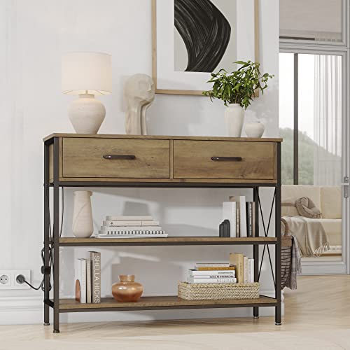 HITHOS Console Table with Outlets and USB Ports, Industrial Hallway Table with Storage 2 Drawers and Shelves, Narrow Long Sofa Entryway Table for Living Room, Rustic Brown