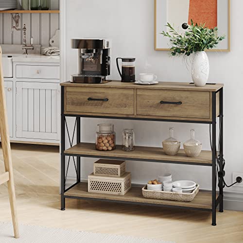 HITHOS Console Table with Outlets and USB Ports, Industrial Hallway Table with Storage 2 Drawers and Shelves, Narrow Long Sofa Entryway Table for Living Room, Rustic Brown