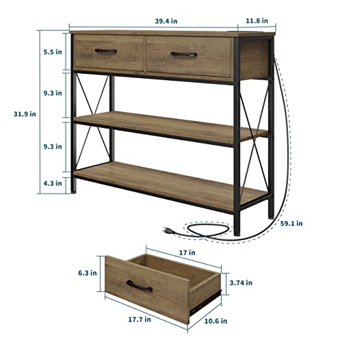 HITHOS Console Table with Outlets and USB Ports, Industrial Hallway Table with Storage 2 Drawers and Shelves, Narrow Long Sofa Entryway Table for Living Room, Rustic Brown