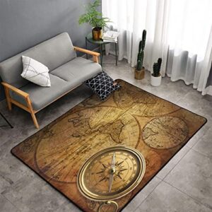 magical compass washable area rugs,old vintage retro compass on world map soft large floor carpets non-skid rug for kids room living room bedroom home decor 6.6×4 ft