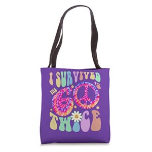 retro i survived the sixties twice 70th birthday joke purple tote bag