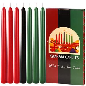 7 pack kwanzaa taper candles set – 3 red, 3 green, 1 black – premium quality candles handicapped taper candles, dripless and smokeless – set of 7 (10 inch, kwanzaa)