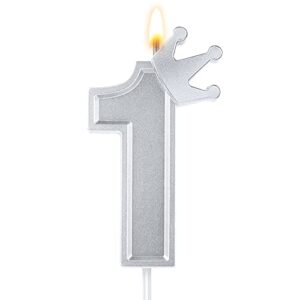3inch crown number candle, 3d birthday number candle cake topper with crown cake numeral candles number candles for birthday anniversary parties (silver, 1)