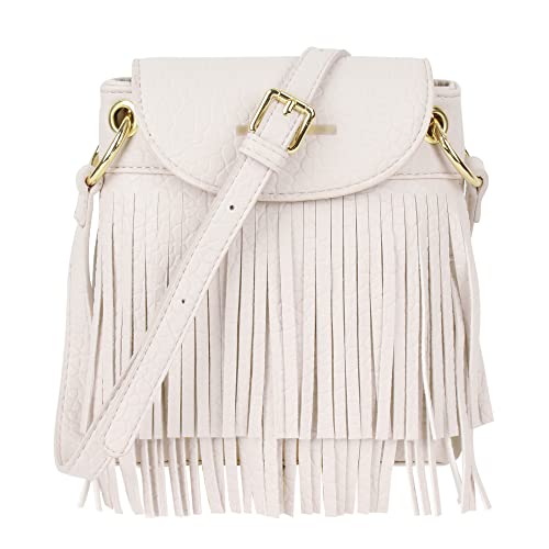 Hoce Women PU Leather Mini Hobo Fringe Tassel Crossbody Bag Vintage Tassel Shoulder Bag, White