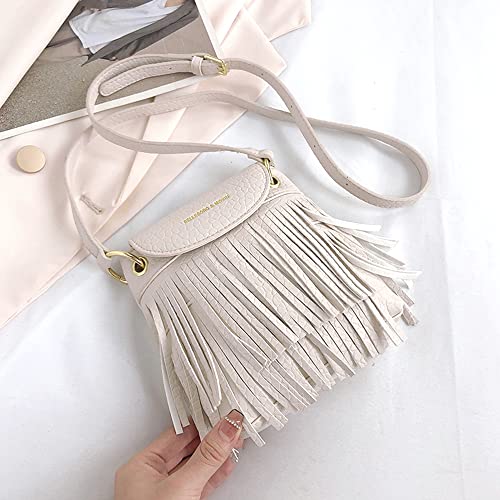 Hoce Women PU Leather Mini Hobo Fringe Tassel Crossbody Bag Vintage Tassel Shoulder Bag, White