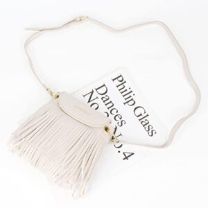 Hoce Women PU Leather Mini Hobo Fringe Tassel Crossbody Bag Vintage Tassel Shoulder Bag, White